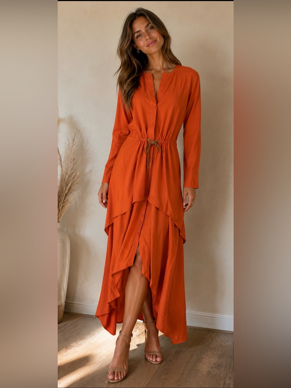 Andre Tan Women's Long Sleeve Orange Ruffle High-Low Dress